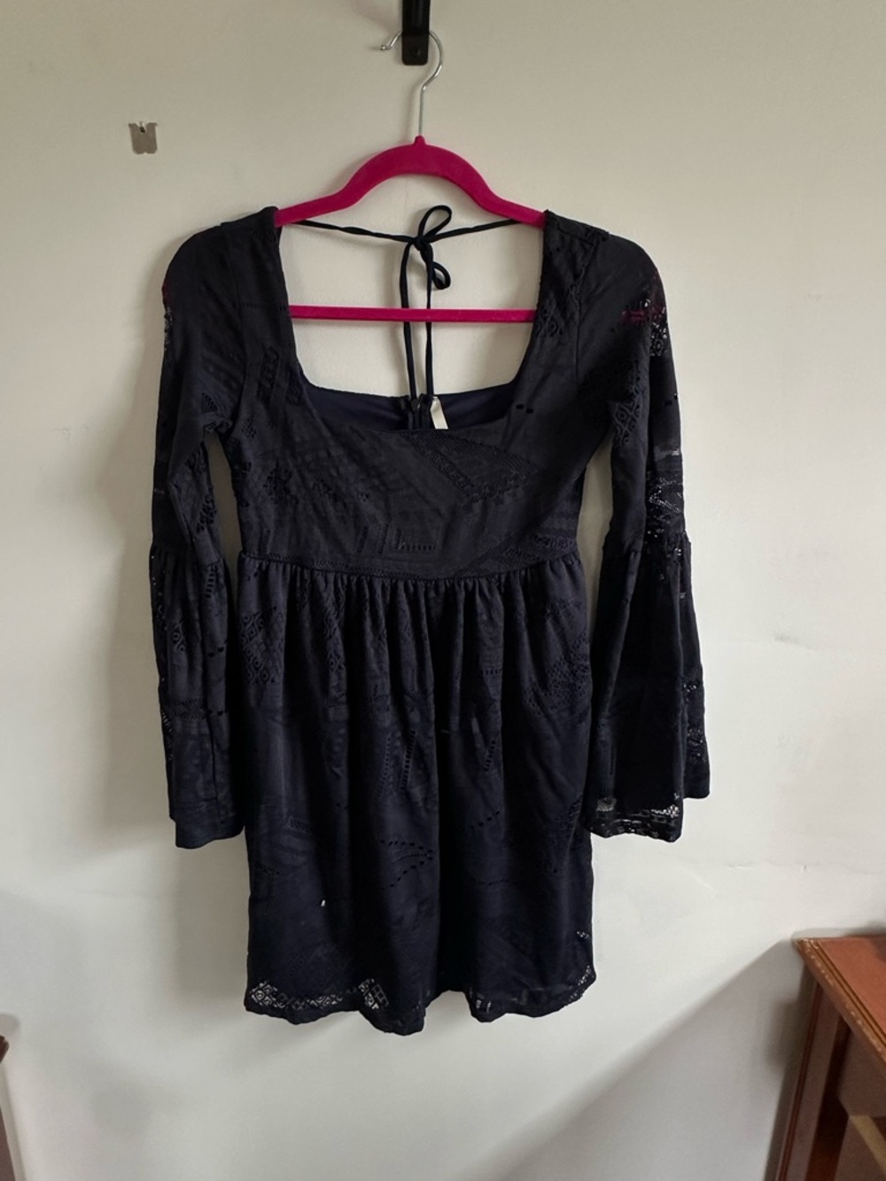 Sage Black Lace Mini Dress with Bell Sleeves